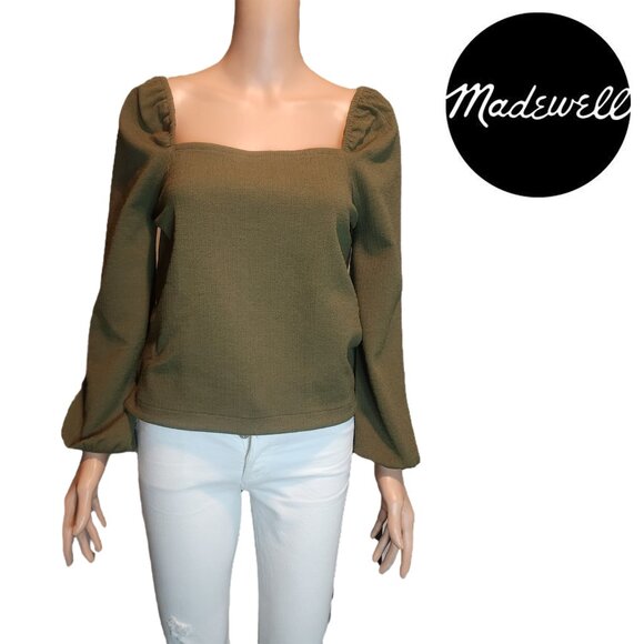 Madewell Crepe Square-Neck Puff-Sleeve Top NWT Green XS - Picture 1 of 8